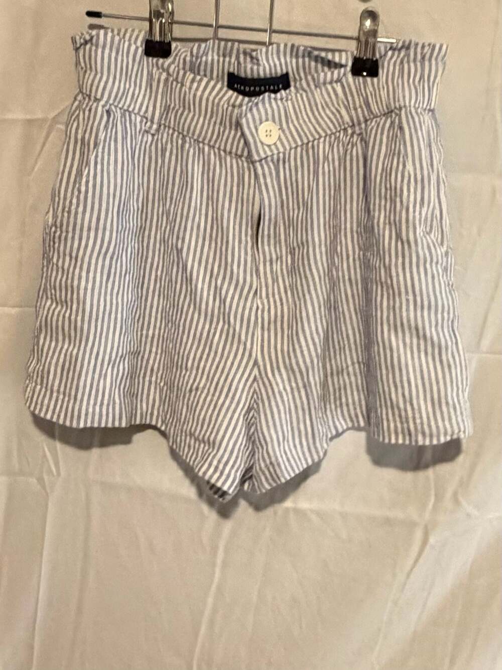 Aeropostale Soft Short Blue White Stripe High Rise Paperbag Linen Shorts